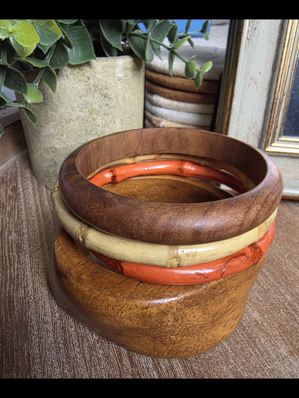 Stacked Wooden and Bamboo Bangle Set - Brown, Cream & Orange